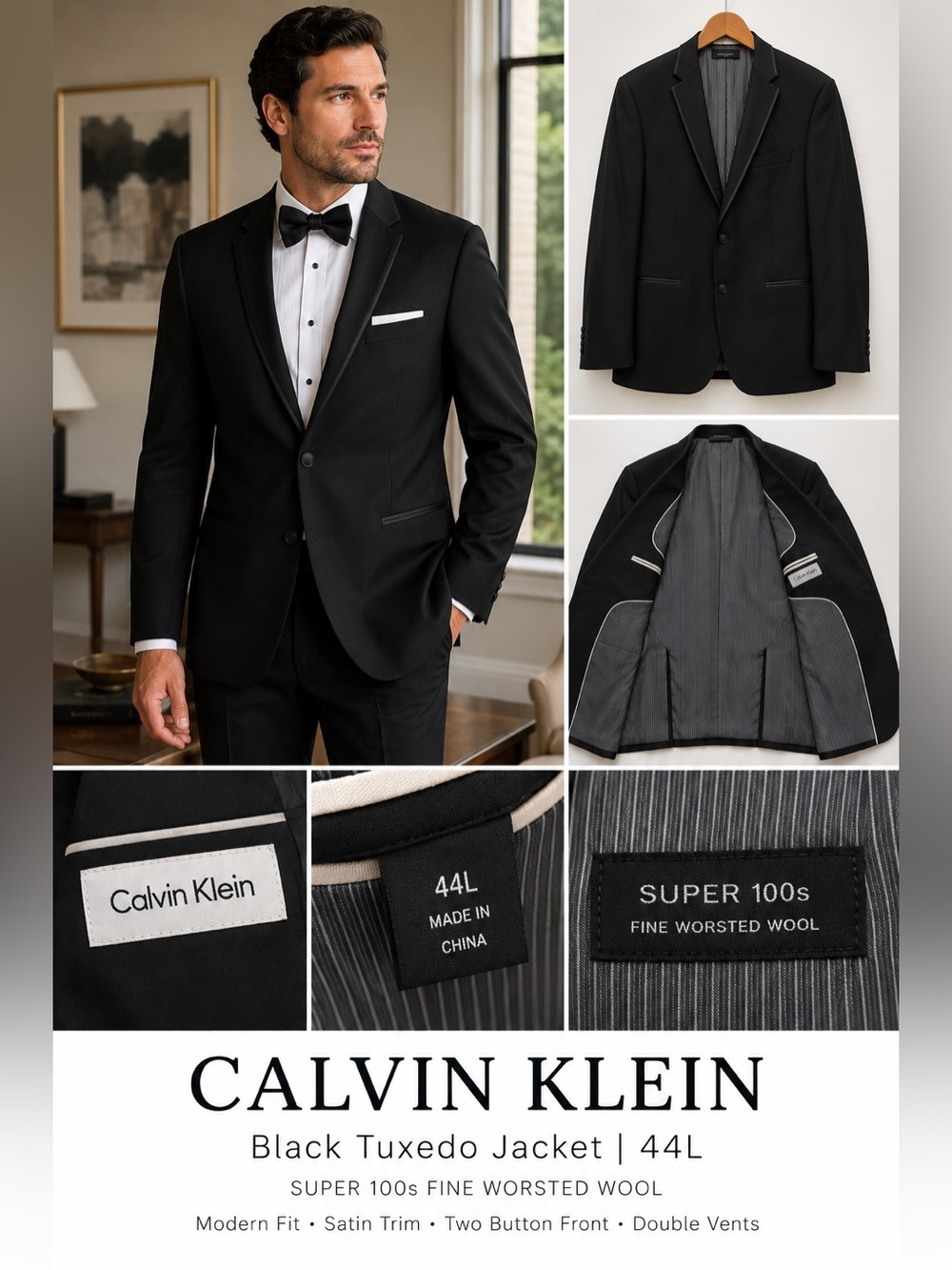 Calvin Klein Super 100s Wool Tuxedo Jacket Black 44L Satin Lapel Formal